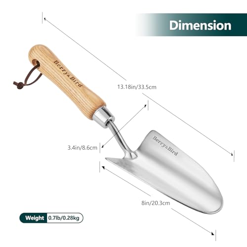 Berry&Bird Stainless Steel Trowel, Garden Small Flower Hand Shovel, Potting Soils Scoop with Wood Handle, Gardening Bonsai Tools for Transplanting Digging Weeding Planting | Stainless steel blade ergonomic wood grip & hanging loop. trowel for digging, wee
