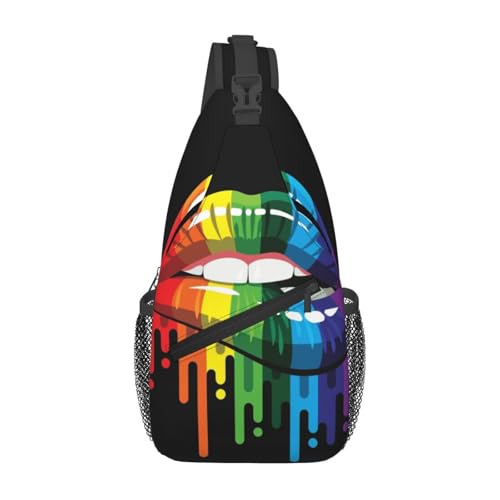 Lgbt Pride Rainbow Lips Art Black Sling Backpack Crossbody Shoulder Bag Chest Bag Travel Chest Pack Casual Daypack For Women Men Hiking Sports Working - color: Black2