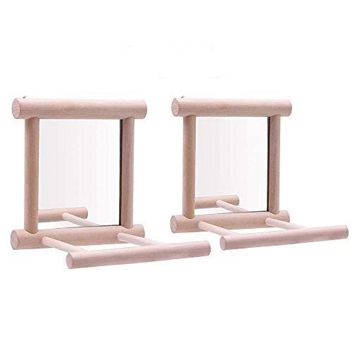 Litewoo Bird Mirror with Perch Parrot Swing Interactive Play Toys, 2 PC | Natural wood, with perch, 3.94"x3.94"x3.94", reduces loneliness, easy hang on cages, for small bird/parakeet/conure/lovebird - color: Bird Mirror Perch Stand-2 PCS