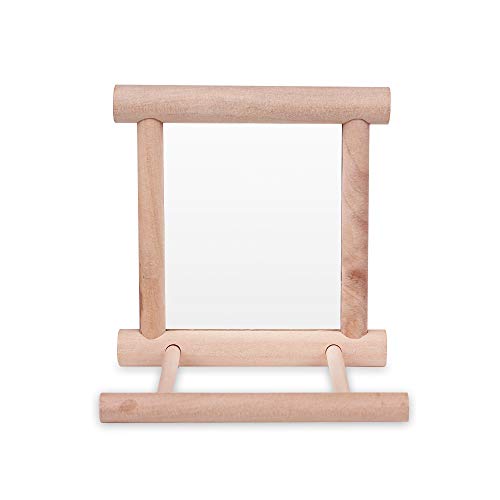 Bird Mirror Toy for Parakeet, Budgie, and Lovebirds - MINI-FACTORY Safe Enrichment Cage Accessory with Natural Wood Perch for Small & Medium Birds