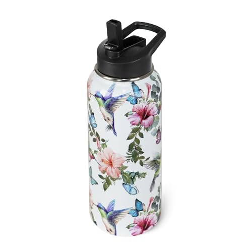 Hummingbird Water Bottle with Straws Insulated Bottle Birds Floral Travel Thermal Double Walled Vacuum Cup Leak Proof Stainless Steel Tumbler Birds Lovers Decor Gifts-32 oz - color: White