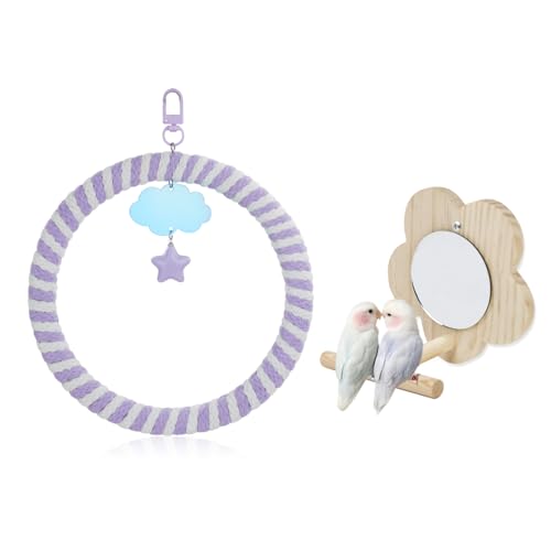 WishLotus Bird Swing and Standing Toys, Climbing Bird Toys Perch and Flower Mirror Standing for Budgerigar, Cockatiel, Monk Parakeet, Canary - color: Purple