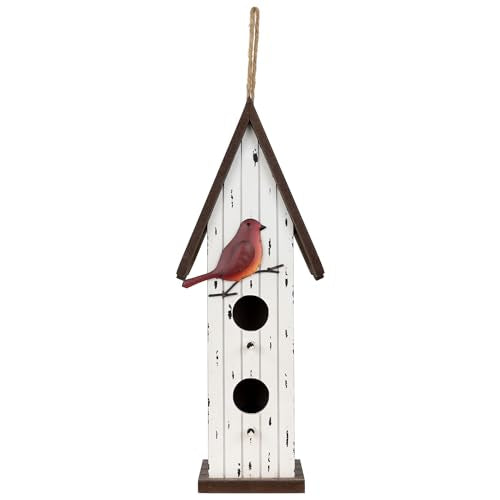 Wooden Birdhouse with Metal Bird Wall Decoration - 14.5" - Antique White