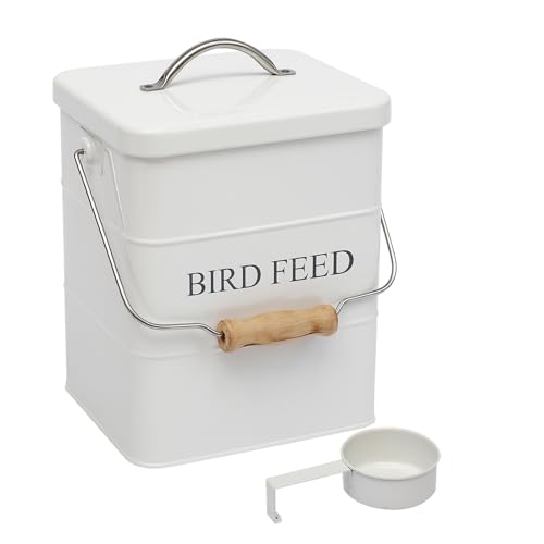 Bird Seed Storage Container Airtight,5~6LB Metal Bird Food Container with Scoop,Wild Birds Feed Tin for Storing Sunflower Seed-Ideal for Outdoor or Indoor-Squirrel proof -White - color: White