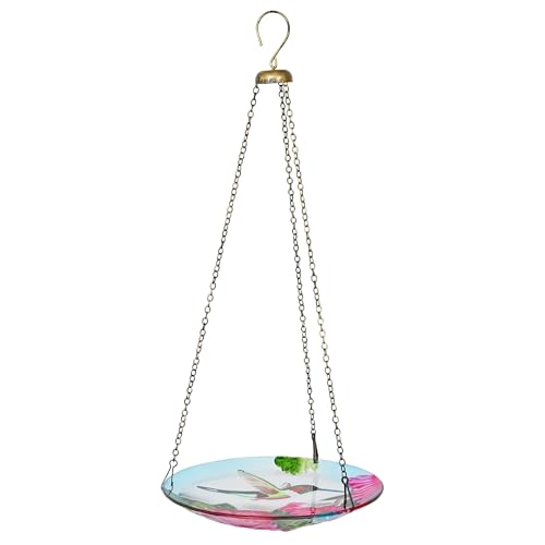Alpine Corporation KBD150 Outdoor Hanging Glass Bird Feeder and Birdbath, Floral and Hummingbird Design with Chain, 10" W, Red/Green - style: Floral and Hummingbird