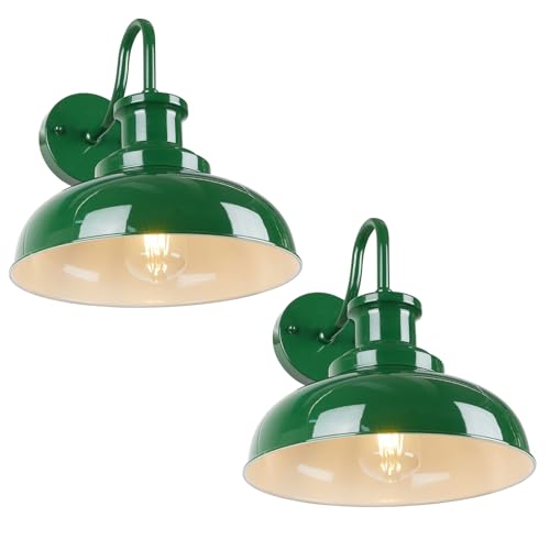Outdoor Barn Lights - Rustic Farmhouse Exterior Mount Lights, Vintage Indoor/Outdoor Wall Lighting Fixtures, Industrial Green White Porch & Garage Lanterns - RZ007-2 GR+WH - color: Green+White, size: 02RZ007-2 PACK(Not Dusk to Dawn)