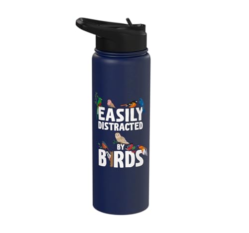 Easily Distracted By Birds Funny Bird Watcher & Birdwatching Stainless Steel Insulated Water Bottle - color: Navy Blue