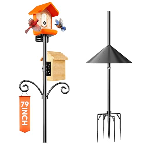 Smart Bird Feeder Pole Stand with Proof Squirrel Baffle 79" - Dia 1 Inch Bird House Pole Mount for Camera Birdfeeder, Double Hooks, Install 2 Bird Houses, Feeding Station Outdoors Heavy Duty - size: 79IN
