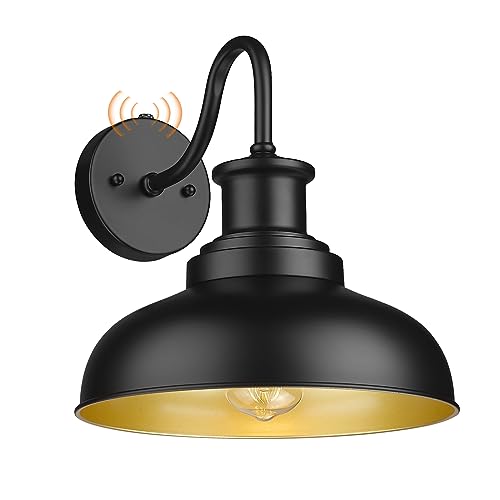 Dusk to Dawn Outdoor Barn Light, Farmhouse Outdoor Wall Sconce, Rustic Exterior Wall Mount Light, Vintage Outside Lighting Fixture Industrial Black Lantern for Porch Garage Shed,1 Pack - color: Black+Gold, size: 11DDRZ007-1 PACK(Dusk to Dawn)