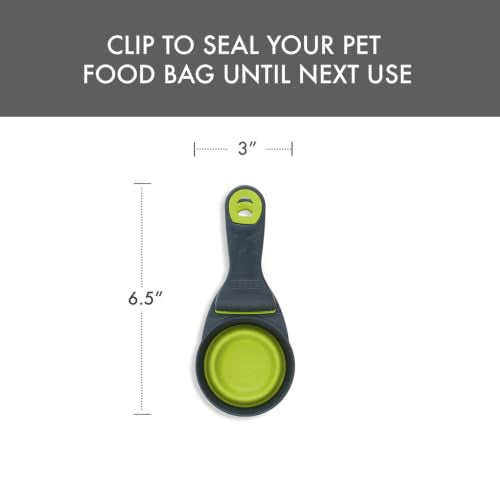 Dexas Popware for Pets Collapsible Klip Scoop, 3-in-1 Pet Food Scoop, Measuring Cup and Bag Clip, 1/2 Cup Capacity, Green - color: Green, size: 1/2 Cup Capacity