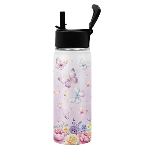 Butterfly 18oz Water Bottle, 2 Lids Handle, Insulated Travel Cup | 18oz Stainless Steel Sport Tumbler, Reusable Leak proof Anti Slip Boot Mug, Christmas Birthday Gift for Son Daughter - color: Butterfly