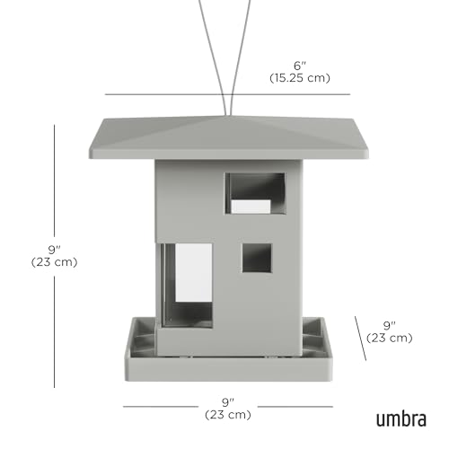 Umbra Bird Cafe Bird Feeder, Outdoor Hanging Seed Dispenser, Grey | Wrap-around tray, steel cable, easy refill, weather resistant, plastic
