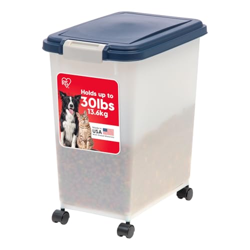 IRIS USA Dog Food Storage Container, Up to 30 lbs, Navy/Pearl, Made in USA | Wheels for Mobility, Airtight Seal, BPA-Free, Best for Bird Seed, Cat food, Cat Litter, Chicken Feed, Pellets - color: Navy/Pearl, size: 30 lbs
