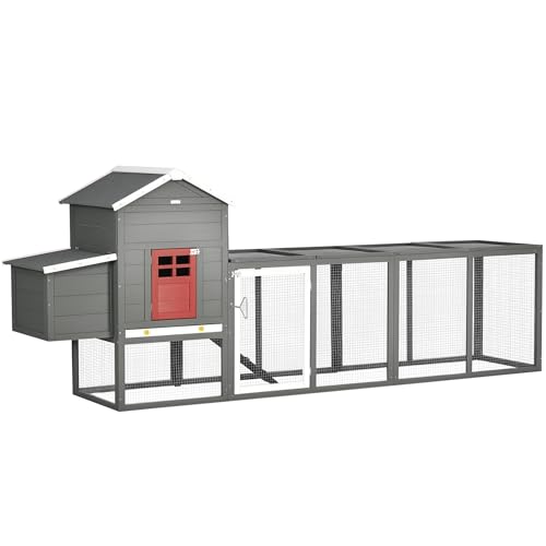 PawHut 118" Extra Large Chicken Coop Asphalt Roof for 3-6 Chickens Gray | Wooden Hen Run, Slide-Out Tray, Nesting Box, Hen Hutch - color: Gray