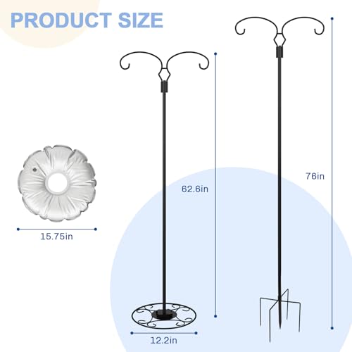 Liitrton 62.6 Inch Double Shepherds Hooks for Outdoor Hanging Bird Feeders | Adjustable Hummingbird Feeder Stand with Round Base, 4 Prongs Base & Water Weight Bag, Garden Decor Hanger
