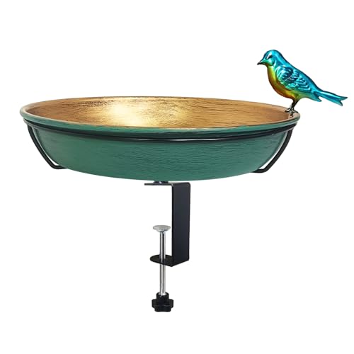 Deck Bird Bath for Outdoors, 11" Green/Bronze Metal Birdbath Bowl with Big Steel Clamp Backyard Birdbath&Bird Feeder for Railing Balcony Fence Yard Art Garden Decor - color: Green/Bronze