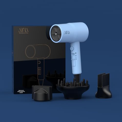 AINA Hair Dryer with Diffuser,Comb Full-Featured Blow Dryer 110V(Blue) | 3 Heat/2 Speed;Cold shut button;Lightweight;Compact Size;High Temp;Low Airflow;Same Results;Less Expense - color: Baby Blue, size: 4 Piece