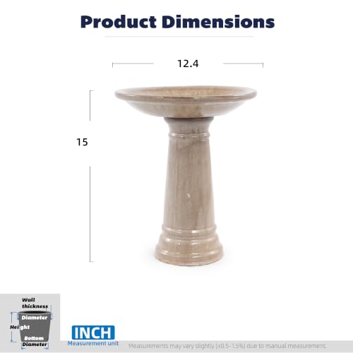 Ceramic Pedestal Bird Bath for Outside, 15 x 12 Inch, Light Khaki | Glazed Finish, Easy Twist-to-Lock Assembly - color: Light Khaki