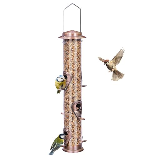 ERYTLLY Metal Bird Feeder for Wild Birds - 1.4mm Extra Thick Solid Transparent Tube With Steel Hanger, Squirrel Proof for Outside (Antique Copper-Metal 6 Feeding Ports) - color: Antique Copper-Metal 6 Feeding Ports