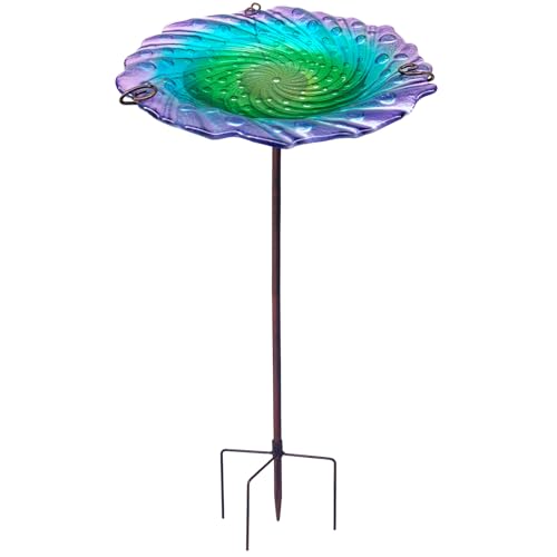 Glass Bird Bath for Outside, Standing Birdbaths with Metal Stake-Colorful | Bird Bath, Birdbaths for Outdoors Bird Feeders Bowl, Ripple Bird Baths Outdoor Décorations, Small Birdbath Bowl - color: Standing Ripple Colorful