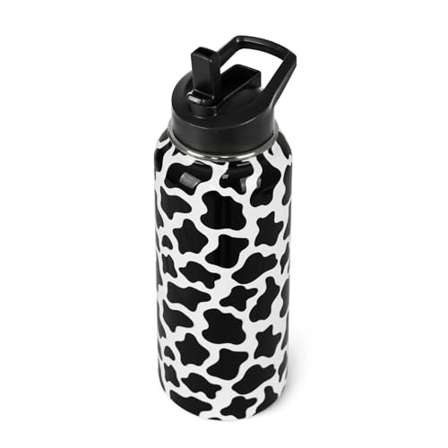 Cow Print Water Bottle with Straws Insulated Cowboy Travel Thermal Double Walled Vacuum Cup Leak Proof Stainless Steel Tumbler Cow Lovers Decor Gifts-32 oz - color: Black white