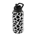Cow Print Water Bottle with Straws Insulated Cowboy Travel Thermal Double Walled Vacuum Cup Leak Proof Stainless Steel Tumbler Cow Lovers Decor Gifts-32 oz - color: Black white