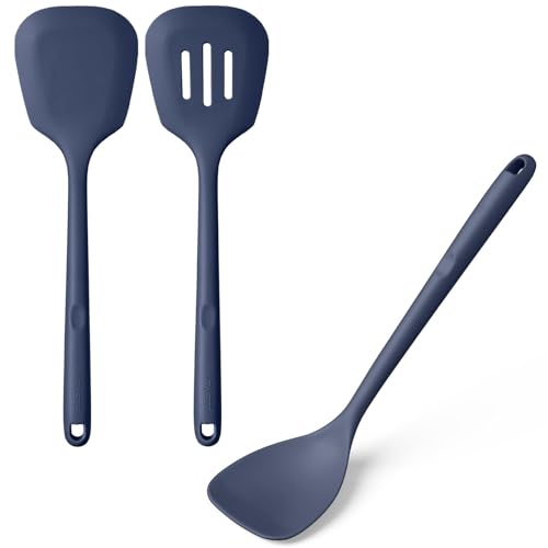 U-Taste 600ºF Heat Resistant 13.6in Long Solid & Slotted Silicone Turner and 600ºF Heat Resistant 13.76" Long, 3.63" Wide Wok Spatula for Kitchen Stir Fry (Midnight Blue)