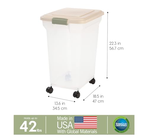 IRIS USA Dog Food Storage Container, Up to 40 lbs, Almond, Made in USA | Wheels for Mobility, Airtight Seal, BPA-Free, Best for Bird Seed, Cat food, Cat Litter, Chicken Feed, Pellets - color: Almond, size: 40 lbs
