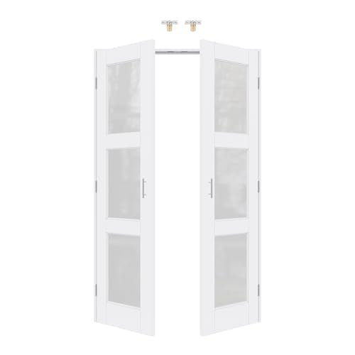 36x80 Interior French Door,3-Lite Frosted Glass Doors,DIY Prehung Room Door | Prefinished & Paintable Double Doors with Ball Catches & Hinges & Handles, Tempered Frosted Glass, Interior Swing Closet Door - color: 3 Panel Frosted Glass, size: 36" x 80"