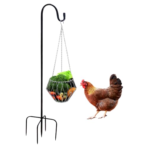 Hanging Chicken Feeder, Metal Chicken Treat Dispenser with Chain and Stand Pole, Chicken Enrichment Toys, Chicken Coop Accessories for Hens, Turkeys, Ducks, Geese, and Other Poultry