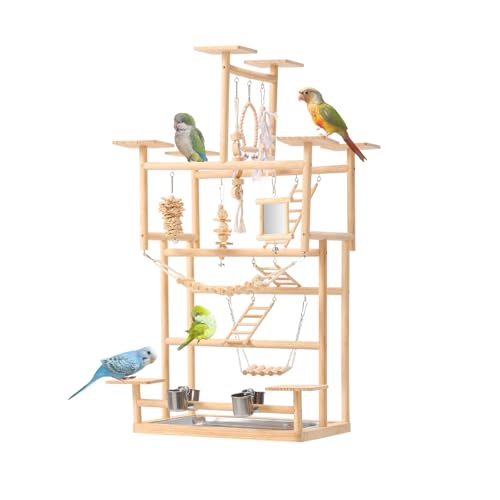 VELVETPAW Bird Playground – 7-Level Natural Wood Parrot Playstand with Feeders & Toys, Modular Two-Tier Bird Play Gym, Detachable Top Tabletop Stand & Detachable Top Tabletop Stand