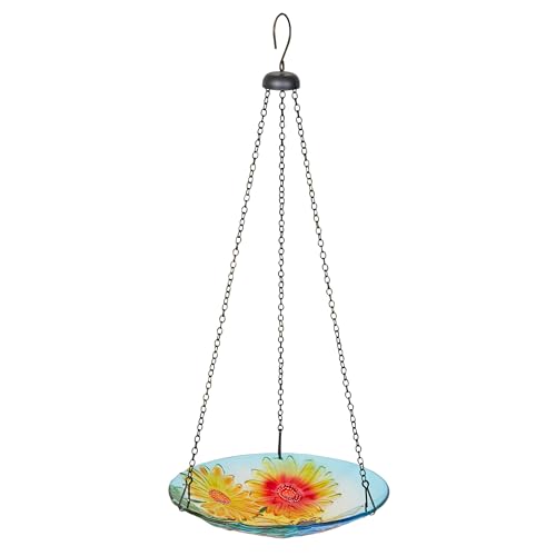 Alpine Corporation KBD126 Outdoor Hanging Glass Bird Feeder and Birdbath, Floral and Bee Bowl Design with Chain, 10" W - style: Floral and Bee