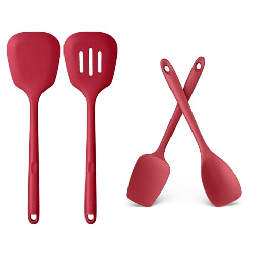 U-Taste 600ºF Heat Resistant 13.6in Long Solid & Slotted Silicone Turner and 600ºF Heat Resistat Silicone Flexible Baking Spoon Spatula & Cooking Scoop Spoonula (Red)