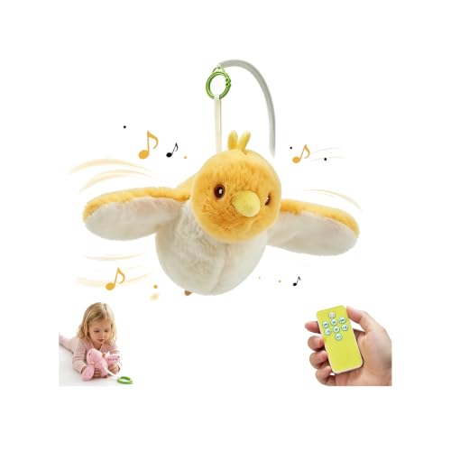 Baby Hanging Flying Bird Musical Toys for Stroller Car Seat Crib Play Gym | Ages 0-36 Months, Tummy Time, Sensory Music Toys, Plush with Clamp, Boys and Girls, Flapping Wings Bee/Birds Toy - color: Yellow Bird