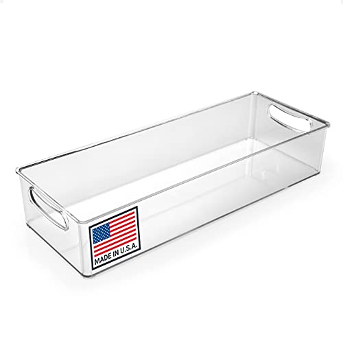Pikanty Clear Refrigerator Organizer Bin with Handles — 15 Inch Stackable Fridge and Pantry Storage Container for Snacks, Produce, Cans, Yogurt, Condiments, Dishwasher and Freezer Safe, Made in USA - style: Organizer Bin Large