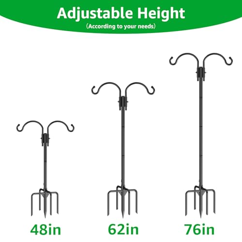 GOFORWILD 2 Pack Adjustable 76inch Double Shepherds Hook for Outdoor | Metal Bird Feeder Pole with 5-Prong Base for Hanging Bird Nest, Plant Basket,Lantern,Solar Light - size: 76 Inch