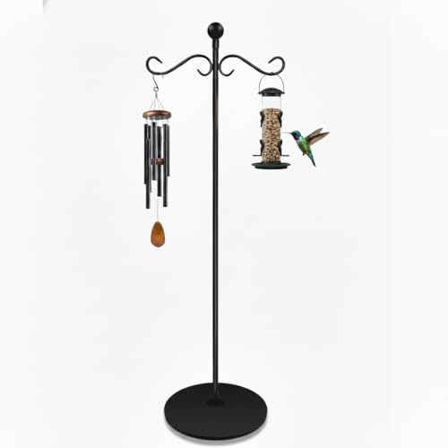 58 Inch Double Shepherds Hooks for Outdoor Indoor with Round Base Stand, Adjustable Shepherds Hook for Bird Feeder, Wind Chime, Solar Light for Garden Patio Home Decor