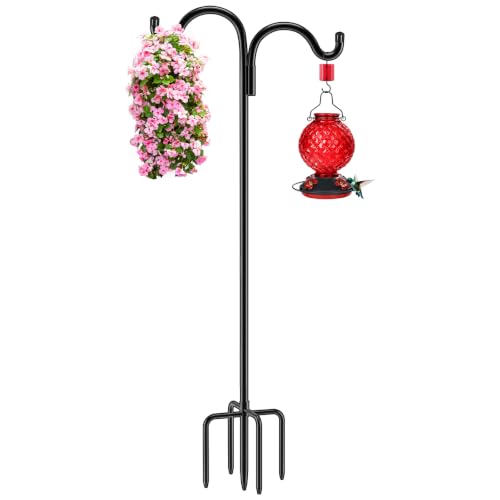 Gtongoko Double Shepherds Hook for Outdoor, 60 Inch Bird Feeder Pole with 5 Prongs Base, 5/8 Inch Thick Heavy Duty Adjustable Garden Hook for Hanging Plant, Lantern, Hummingbird Feeder, 1 Pack - size: 60 Inch