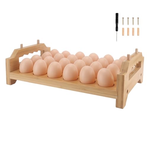 Bamboo Egg Holder 24 Pcs Eggs Rack Countertop Storage, Surface Paint & Handle Design for Kitchen Fresh Egg Holder Countertop and Fridge Egg Organizer - style: Farmhouse 24Pcs