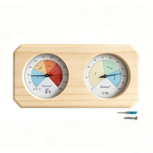 2-in-1 Sauna Thermometer Hygrometer, Finnish Pine | Color Coded Comfort Dial, Solid Wood Craft, °F/°C Dual Scale, Battery-Free Wall Mount, Fits Steam & Home Sauna
