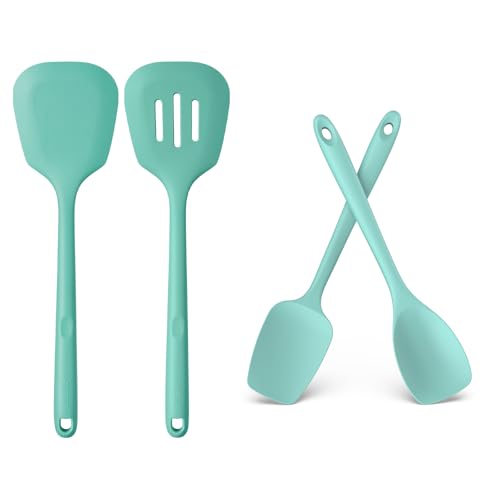 U-Taste 600ºF Heat Resistant 13.6in Long Solid & Slotted Silicone Turner and 600ºF Heat Resistat Silicone Flexible Baking Spoon Spatula & Cooking Scoop Spoonula (Aqua Sky)