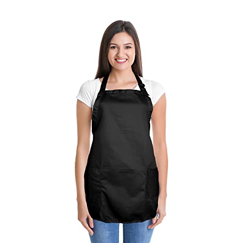 DALIX Apron Commercial Restaurant Home Bib Spun Poly Cotton Kitchen Aprons (2 Pockets) in Black - color: Black
