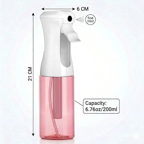 VIGOR PATH Continuous Mist Pink Spray Bottle 200ml Fine Mist for Hair | Ultra Fine Atomizer Leak Proof Ergonomic Construction 360 Refillable - color: PINK