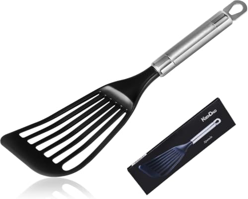Thin Flexible Fish Spatula for Nonstick Cookware, Black | Egg Flipper Turner w/Hollow Steel Handle, Slotted Angled LFGB Complaint Nylon Blade, Dishwasher Safe, Silver Handle - size: Medium (1 Pack)