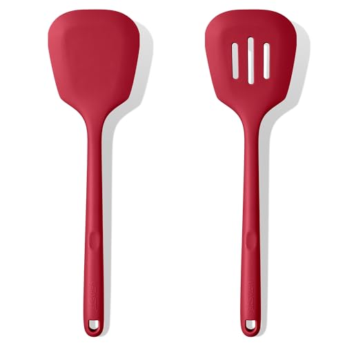 U-Taste Silicone Turner Spatula Set of 2, 13.6" Long/3.7" Wide, Red | 600ºF Heat Resistant Food Grade Silicone Cooking Utensils Set, Wide Large Solid & Slotted Turner Pancake Egg Flipper - color: Rose Red