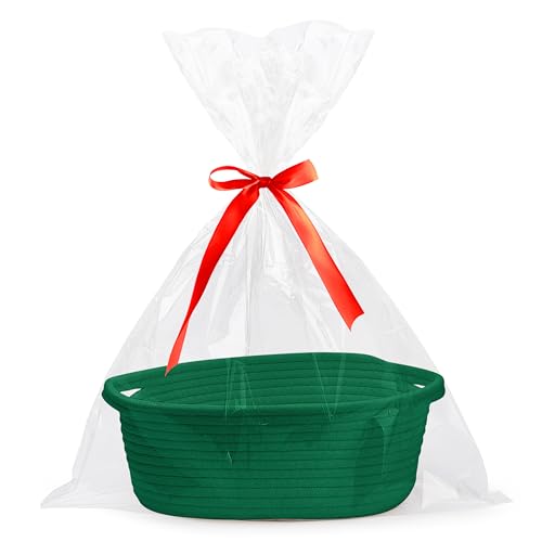 Pro Goleem Small Woven Basket with Gift Bags and Ribbons Durable Baskets for Gifts Empty Small Rope Basket for Storage 12"X 8" X 5" Baby Toy Baskets with Handles, Green - color: green