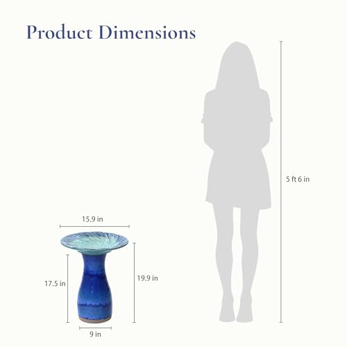 LuxenHome 20" Ceramic Bird Bath for Outside, Glazed Blue Outdoor Bird Bath | For Outdoor Use; Features a Glazed Cobalt Blue Finish, Leaf Pattern Basin, Lightweight Ceramic Design, and Tall Pedestal Base - color: Navy Blue