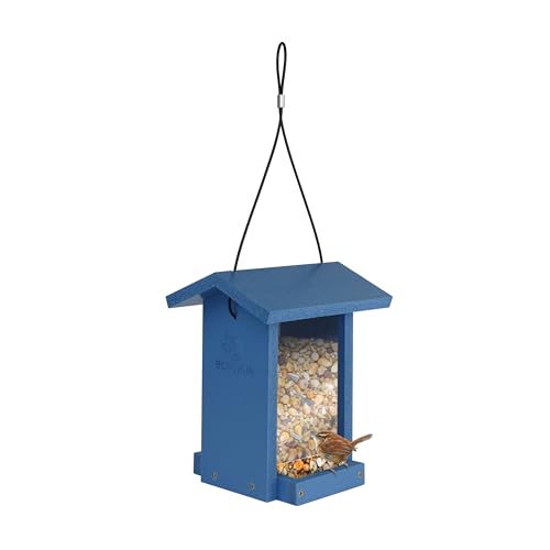 Tasty Tidbit Recycled Plastic Bird Feeder with Fresh Seed Tray for Wild Birds and Outdoor Décor, 0.875 Quart Capacity, Blue