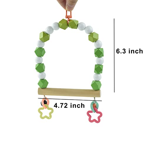 Wooden Bird Swing Perch for Parakeet, Small Birds Hanging Cage Stands | Cockatiels Parrot Chewing Training Toy, Green Wood Beads with Bell, Birdcage Playground Gym Accessories - color: Green