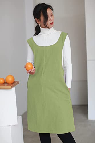 Cotton Linen Japanese Apron Halter Cross Back Bandage X Shape Aprons Two Pockets - color: Shallow Grass Green